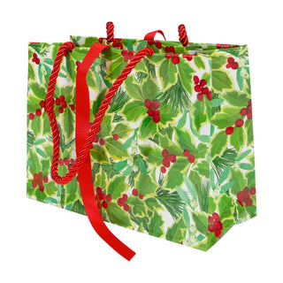Caspari Holly And Mistletoe White Gift Bag Sm 7 X 3 X 5 1/4 9791B1