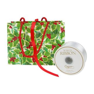Caspari Holly And Mistletoe White Gift Bag Sm 7 X 3 X 5 1/4 9791B1