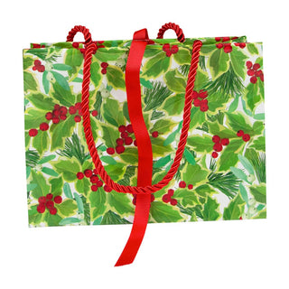 Caspari Holly And Mistletoe White Gift Bag Sm 7 X 3 X 5 1/4 9791B1