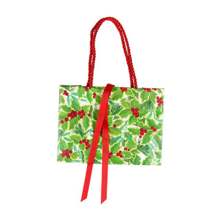 Caspari Holly And Mistletoe White Gift Bag Sm 7 X 3 X 5 1/4 9791B1