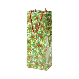 Caspari Holly And Mistletoe White Bottle Bag 5 X 3 1/2 X 13 9791B4