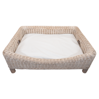 Rattan Dog Basket with Cushion in Cream - 31"L x 24"W x 11.5"H