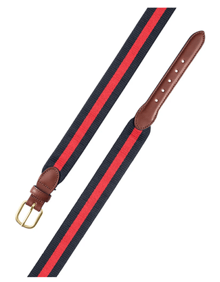 Barrons-Hunter Red on Navy Wide Belgian Surcingle Leather Tab Belt