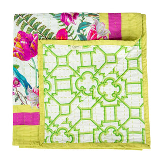 Caspari La Dolce Vita Kantha Quilt-Sage/Lav Fabc Cotton Tblcvr-70.5 X 70.5 Inch FTC014