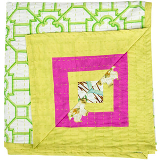Caspari La Dolce Vita Kantha Quilt-Sage/Lav Fabc Cotton Tblcvr-70.5 X 70.5 Inch FTC014