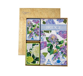 Caspari Hydrangeas and Porcelain Bridge Gift Set - 2 Playing Card Decks & 2 Score Pads GS147