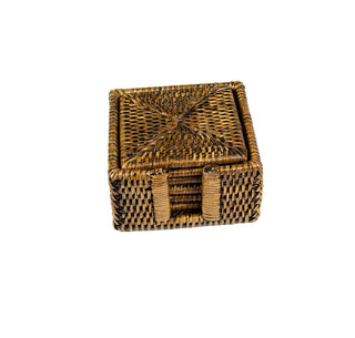 Caspari Rattan Square Coaster and Holder Set in Natural - Set of 6 Coasters and 1 Napkin Holder HCSSQ101