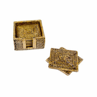 Caspari Rattan Square Coaster and Holder Set in Honey - Set of 6 Coasters and 1 Napkin Holder HCSSQ102