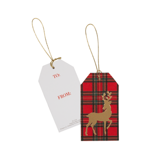 Caspari Royal Plaid Reindeer Foil Hang Tags - includes 4 Hang Tags HT10145