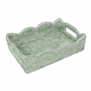 Caspari Small Scalloped Rattan Tray in Green- 11.75"L x 7.75"W x 3.5"H HTR004