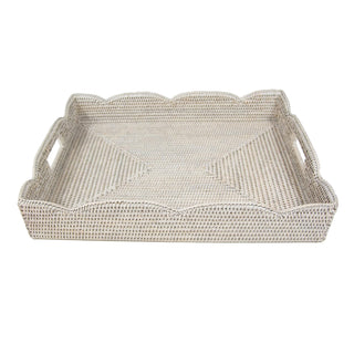 Caspari Large Scalloped Rattan Tray in Cream- 19.5"L x 15.75"W x 4"H HTR103