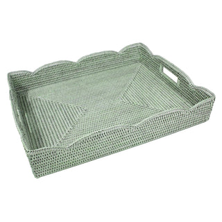 Caspari Large Scalloped Rattan Tray in Green - 19.5"L x 15.75"W x 4"H HTR104