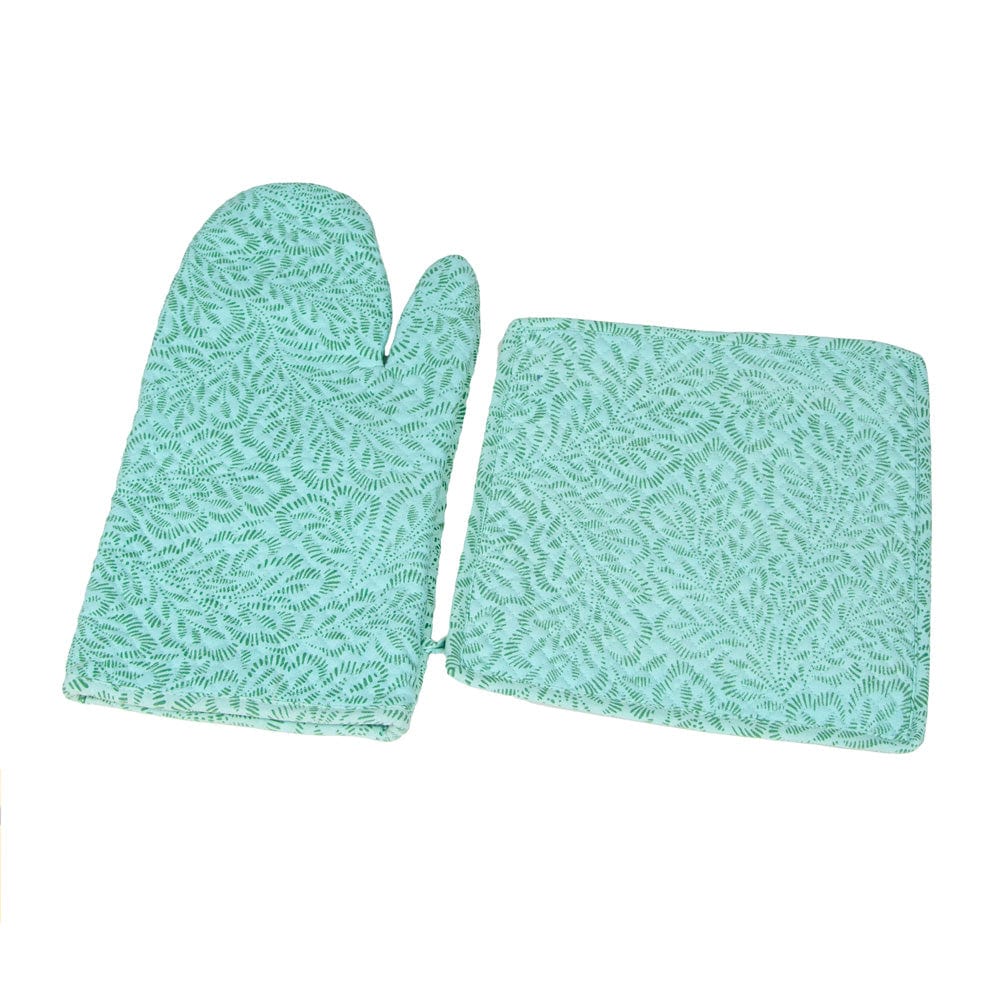 Block Print Leaves Turquoise & Green Oven Mitts and Pot Holders Set - 1 Piece of Each