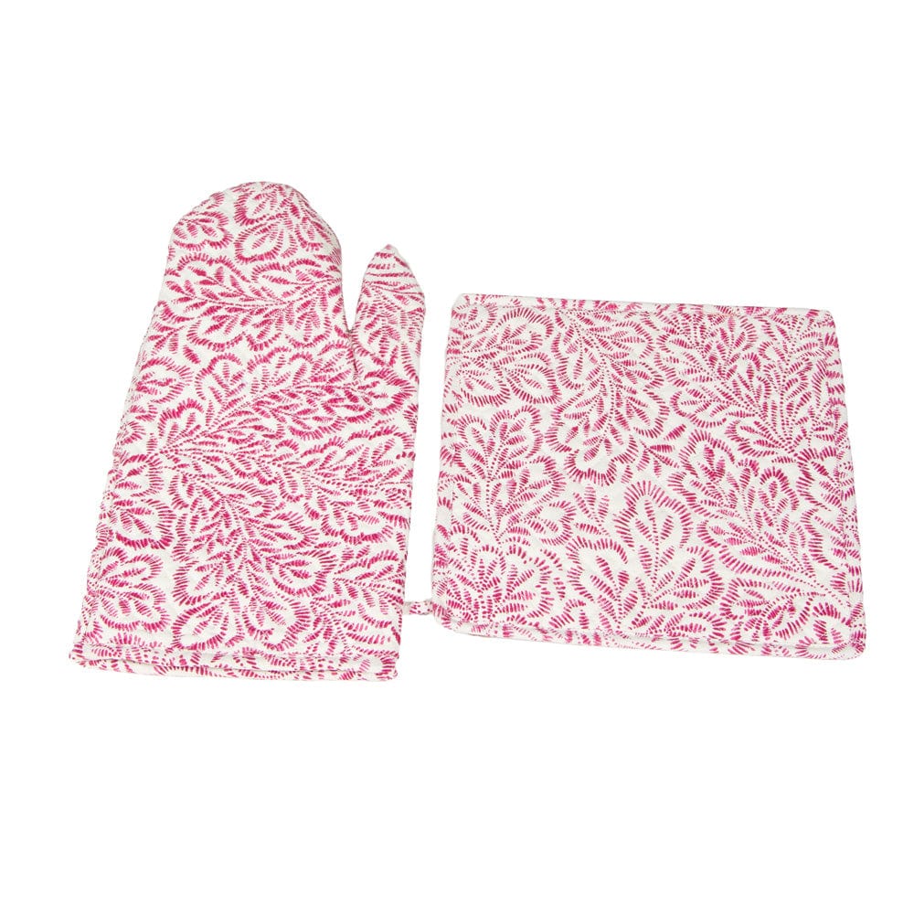 Block Print Leaves Fuchsia & White Oven Mitts and Pot Holders Set - 1 Piece of Each
