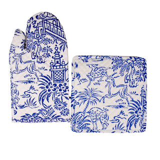 Caspari Pagoda Toile Blue/White Fabc Oven Mitt/Pot Holder Set OMPH012A