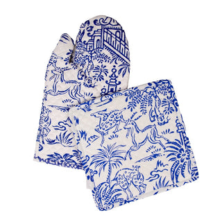 Caspari Pagoda Toile Blue/White Fabc Oven Mitt/Pot Holder Set OMPH012A