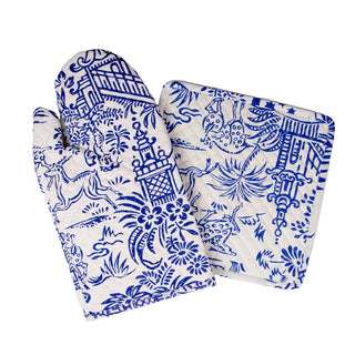 Caspari Pagoda Toile Blue/White Fabc Oven Mitt/Pot Holder Set OMPH012A