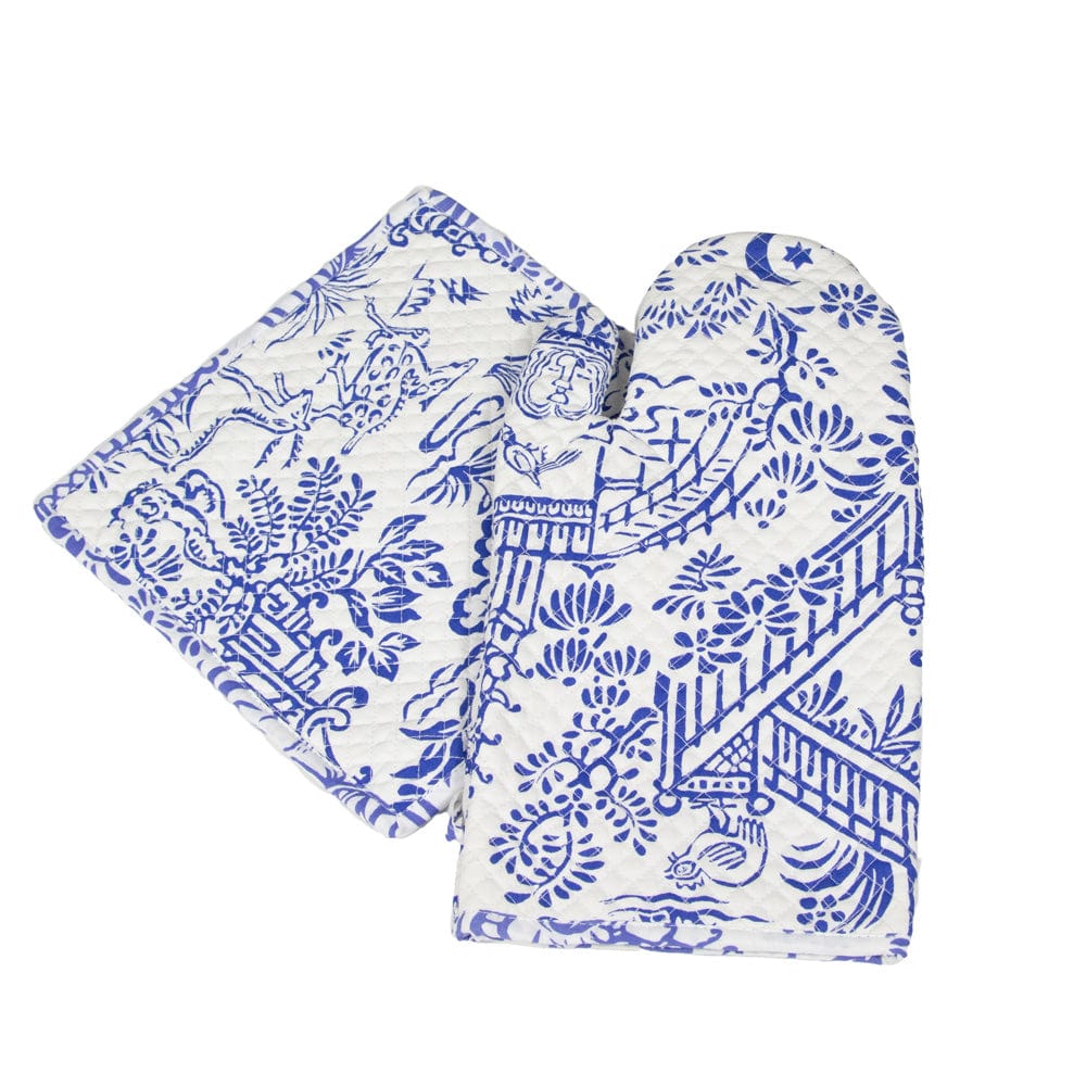 Pagoda Toile Blue & White Oven Mitts and Pot Holders Set - 1 Piece of Each