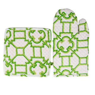 Caspari Garden Trellis Green Fabc Oven Mitt/Pot Holder Set OMPH015A