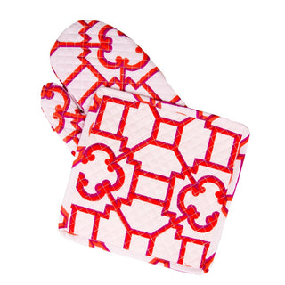 Caspari Garden Trellis Fuchsia And Orange Fabc Oven Mitt/Pot Holder Set OMPH016A