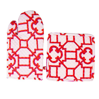 Caspari Garden Trellis Fuchsia And Orange Fabc Oven Mitt/Pot Holder Set OMPH016A