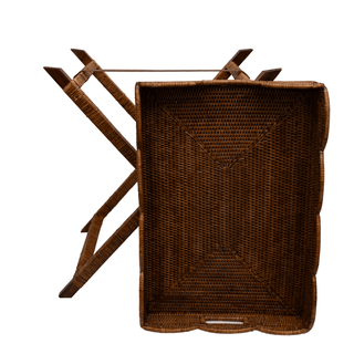 Caspari Rattan Scalloped Butler Tray in Natural - 25"L x 17.5"W x 31"H TK-T02-029/HB