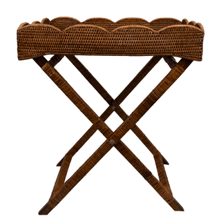 Caspari Rattan Scalloped Butler Tray in Natural - 25"L x 17.5"W x 31"H TK-T02-029/HB