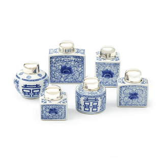 Two's Company Canton Collection Blue and White Tea Jars - Set of 6