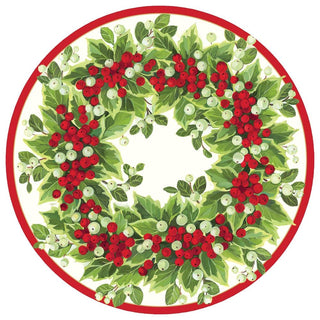 Caspari Holly and Berry Wreath Round Paper Placemats - 12 Per Package 1110PPRND