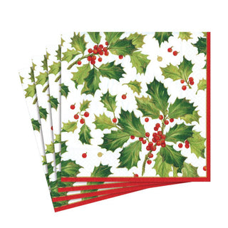 Caspari Gilded Holly Paper Luncheon Napkins in White - 20 Per Package 13420L
