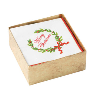 Caspari Merry Christmas Laurel Wreath Boxed Paper Cocktail Napkins - 40 Per Box 14151B