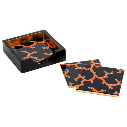 Caspari The Coral Sea Square Lacquer Coaster in Holder - Set of 4 14562LQCSET