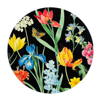 Caspari Redoute Floral Round Lacquer Placemat in Black - 1 Each 15101LQPMRND