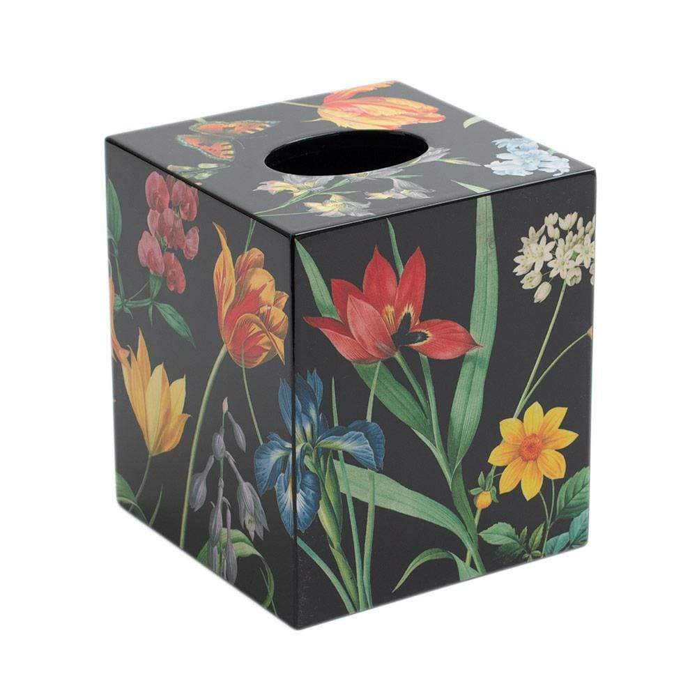 Caspari Redoute Floral Lacquer Tissue Box Cover in Black - 1 Each