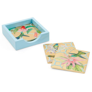 Caspari Hummingbird Trellis Square Lacquer Coasters in Holder - Set of 4 15111LQCSET