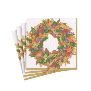 Caspari Autumn Wreath Paper Cocktail Napkins in Ivory - 20 Per Package 15660C