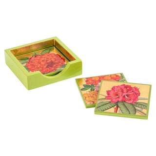 Caspari Jefferson's Garden Study Square Lacquer Coaster in Holder - Set of 4 15791LQCSET