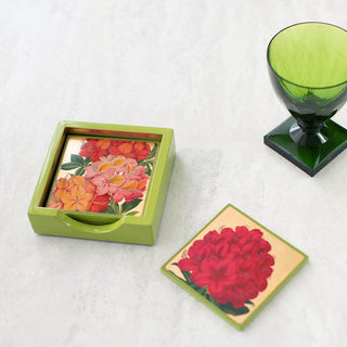 Caspari Jefferson's Garden Study Square Lacquer Coaster in Holder - Set of 4 15791LQCSET