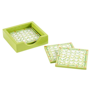 Caspari Trellis Square Lacquer Coaster in Holder - Set of 4 16071LQCSET