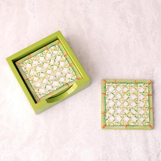 Caspari Trellis Square Lacquer Coaster in Holder - Set of 4 16071LQCSET