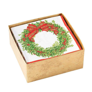 Caspari Boxwood and Berries Wreath Boxed Paper Cocktail Napkins - 40 Per Box 16200B