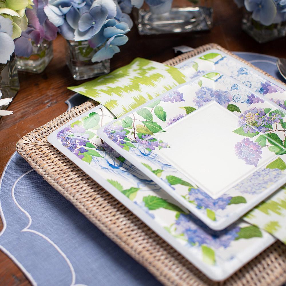 Caspari Hydrangeas and Porcelain Square Paper Salad & Dessert Plates - 8 Per Package 16400SP
