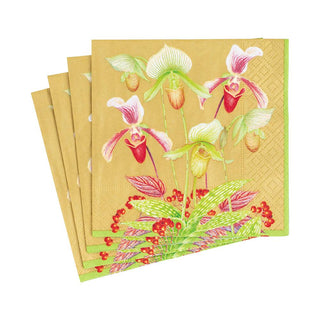 Caspari Slipper Orchid Paper Cocktail Napkins in Gold - 20 Per Package 16590C