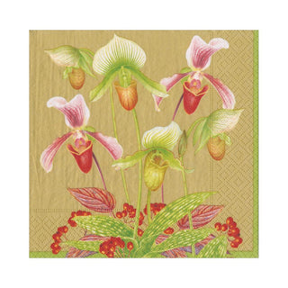 Caspari Slipper Orchid Paper Luncheon Napkins in Gold - 20 Per Package 16590L