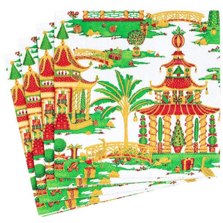 Caspari Christmas Pagodas Paper Dinner Napkins in White - 20 Per Package 16610D