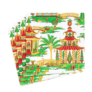 Caspari Christmas Pagodas Paper Luncheon Napkins in White - 20 Per Package 16610L