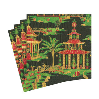 Caspari Christmas Pagodas Paper Luncheon Napkins in Black - 20 Per Package 16611L