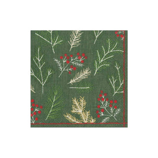 Caspari Sprigs and Berries Paper Cocktail Napkins in Evergreen - 20 Per Package 16691C