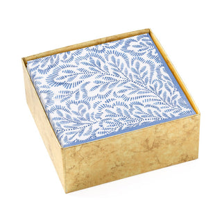 Caspari Block Print Leaves Boxed Paper Cocktail Napkins in Blue - 40 Per Box 16980B