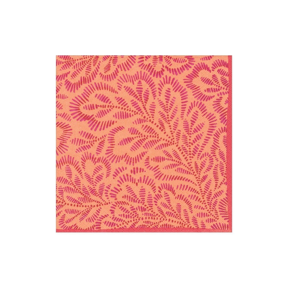 Block Print Leaves Cotton Dinner Napkins in Coral & Fuchsia